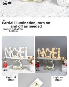 Macro view of glowing NOEL letters with plush texture and golden star on wooden base