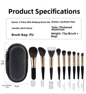 Detail of 9pcs mini makeup brushes with fiber bristles and black PU storage pouch