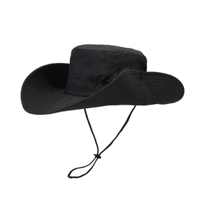 Black quick-dry sun hat with wide brim, chin strap and side snaps for outdoor activities