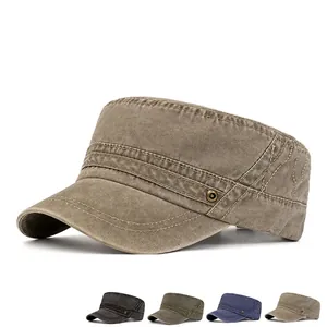 Faded cotton flat top cadet cap for men in khaki with multiple color options shown