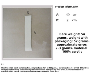 Detailed size chart for white acrylic knit leg warmers measuring 40cm by 8cm