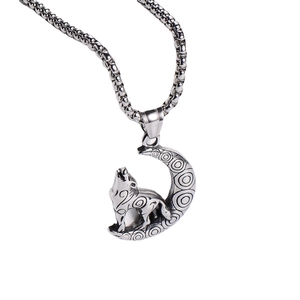 Vintage silver Viking wolf howling at the moon pendant necklace with stainless steel chain