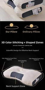 Ergonomic massage pillow showing functional zones for neck support and side sleeping