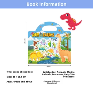 Detailed size specifications for a dinosaur themed reusable sticker book for kids