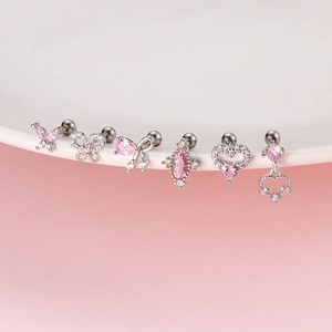 Set of 6 silver stainless steel cartilage studs with pink zircon hearts and butterflies