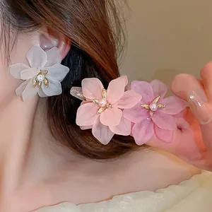 Elegant matte translucent petal flower earrings with white pearls in three soft colors