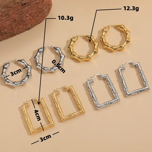 Bamboo textured geometric hoop earrings in gold and silver, size 3cm to 4cm stainless steel