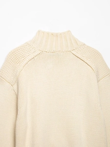 Detail of the chunky knit texture and soft neckline on an off-white knitted cardigan