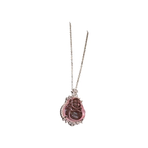 Pink resin Buddha pendant necklace with zircon floral border and silver chain