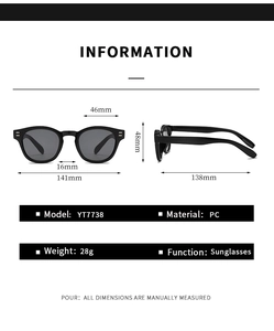 Detailed size chart for square frame sunglasses with frame width and height specifications