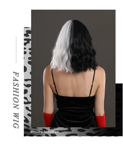 Rear view of Cruella-style half black and half white wavy medium wig for cosplay