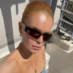 Y2K rimless wrap-around oversized sports sunglasses with brown lenses for women