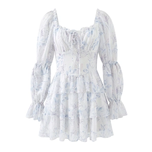 Mini Abito Chiffon Romantico Francese Stampa Floreale Manica Lunga Sbuffo Lacci Scollo V Vita Alta Orlo Balze Per Donna