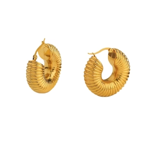Retro golden croissant hoop earrings with thick spiral texture in polished finish