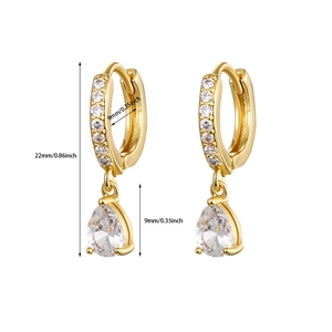 Detail view of gold earrings with drop zirconia and 22mm height measurements