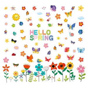 Hello Spring cartoon wall stickers with colorful flowers and butterflies decoration