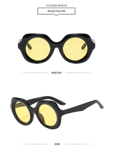 Detailed front and side view of retro black round frame sunglasses with yellow lenses