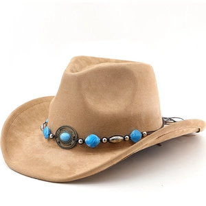 Western Cowboy Hat Wide Brim Faux Suede Fedora Bohemian Ethnic Style With Turquoise Beads Metal Decor Sun Protection