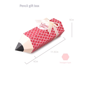 Pencil shaped red candy gift box with ribbon bow and love tag, size 11.5x4x5cm