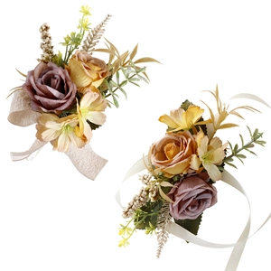 Vintage rose boutonniere and wrist corsage set for weddings with champagne silk ribbons