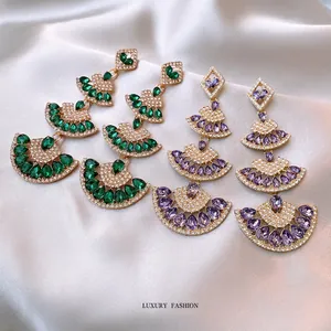 Luxury silver needle fan-shaped tassel earrings with emerald and purple zircon accents