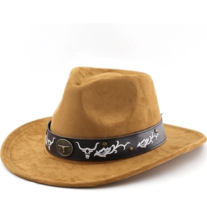 Western Cowboy Hat Faux Suede Wide Brim With Bull Head Embroidery Leather Belt Rivets Retro Outdoor Unisex