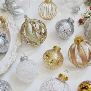 Champagne Christmas ball ornaments with glitter and snowflake patterns for holiday tree decor