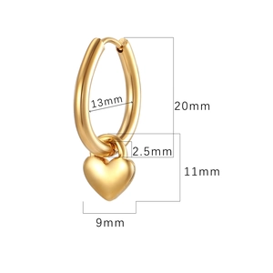 Mesures détaillées des boucles d'oreilles cœur doré avec un diamètre intérieur de 13mm