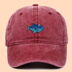 Washed Cotton Baseball Cap Retro Vintage Cartoon Shark Embroidery Outdoor Casual Sun Protection Breathable Adjustable