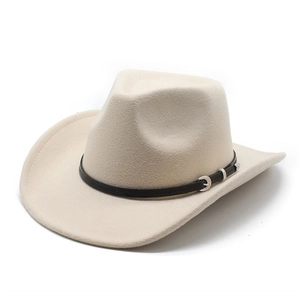 Cream wool felt cowboy hat with black leather belt and decorative silver buckle