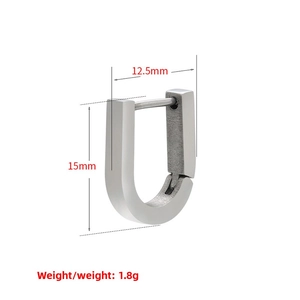 U-shaped stainless steel earring dimensions showing 12.5mm width and 15mm height details