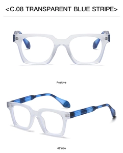 Front and 45-degree angle views of square matte sunglasses in transparent blue stripe