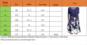 Size chart for women floral dress showing bust and length measurements from S to 3XL