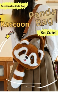 Detail of cute raccoon plush bag featuring soft fur texture and adjustable brown strap