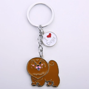 Detail of metal dog keychain with brown enamel puppy and I Love Dogs charm tag