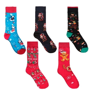 Set of 5 Christmas themed cotton socks featuring dogs and whiskey motifs for adults