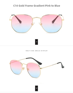 Gafas de sol poligonales de metal dorado con lentes degradadas de rosa a azul para adultos