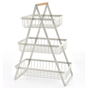 3-tier cream white metal fruit basket with wooden handle for kitchen countertop storage