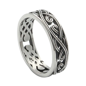 Retro punk style stainless steel hollow ring with vintage Celtic knot pattern on white background