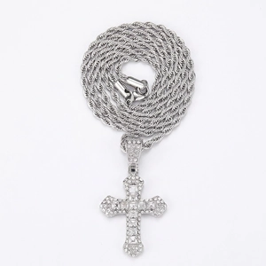 Silver-tone hip hop cross pendant with micro-pave crystals on a thick rope chain