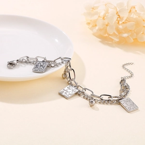 Double-layer stainless steel chain bracelet with rectangular poker pendants and steel beads