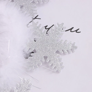 Detail of silver glitter snowflake and soft white feathers on festive Christmas headband