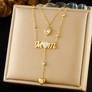 Double Layer Gold Plated Stainless Steel MOM Heart Pendant Necklace With Rhinestone Accents Fashion Jewelry For Women