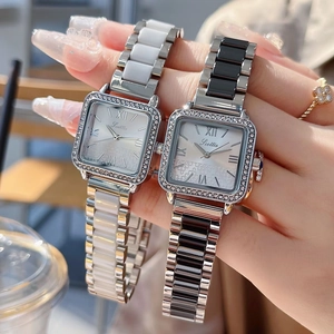 Square women's quartz watch with diamond-set bezel and ceramic metal strap in two colors