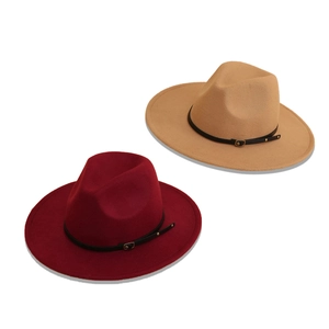 Classic burgundy and camel wool fedora hats with leather belts and metal buckles