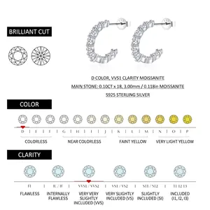 Créoles en C en argent sterling S925 avec pierres de moissanite de couleur D éclatantes