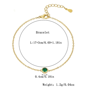 Detail view of S925 sterling silver gold bracelet with green zircon and size parameters