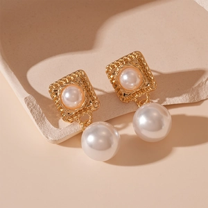 French vintage gold square frame earrings with double pearls for elegant women