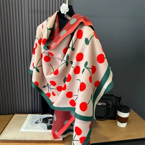 Women Winter Warm Scarf Double Sided Cute Cherry Pattern Jacquard Tassel Long Shawl Viscose Imitation Cashmere Neck Wrap