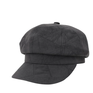 Vintage dark gray suede octagonal cap with geometric stitching for women